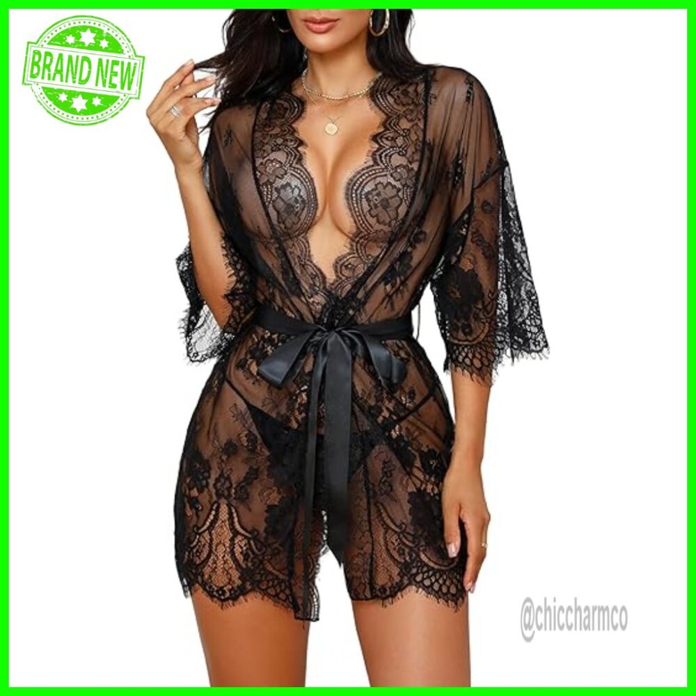 Lace Kimono Robe Mesh Chemise Nightgown XS-3XL Polyester Spandex